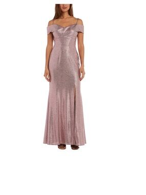 Nightway Long Shimmer Off the Shoulder Gown